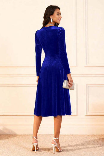 Dark Green Velvet A Line Midi Glitter Holiday Party Dress with Sleeves