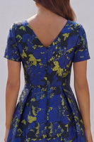 Load image into Gallery viewer, Floral Blue and White A Line V Neck Ankle Length Prom Dress with Sleeves