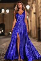 Load image into Gallery viewer, Sparkly Gold Metallic V-Neck Pleated A-Line Long Formal Dress with Slit