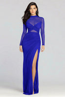 Load image into Gallery viewer, Illusion High Neck Sheath Long Sleeves Black Tie Dress with Slit