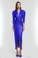 Load image into Gallery viewer, Light Gold Metallic V-Neck Sheath Long Formal Dress with Sleeves