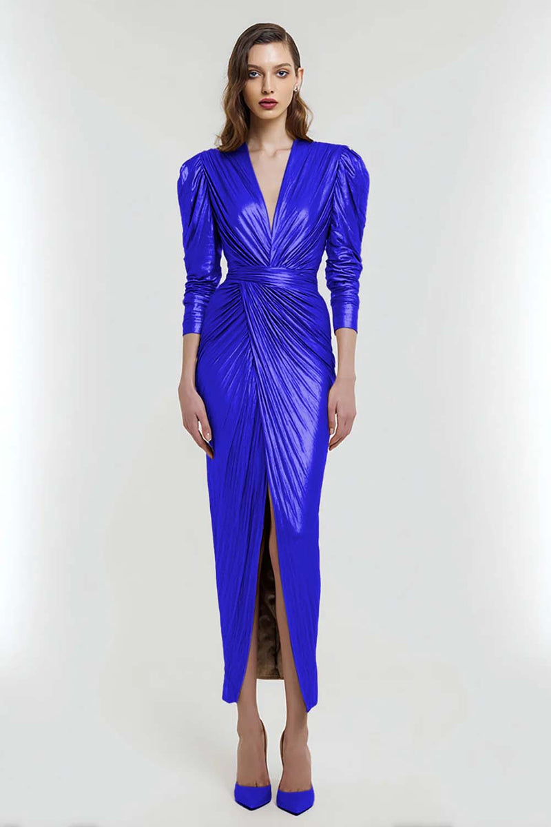 Load image into Gallery viewer, Light Gold Metallic V-Neck Sheath Long Formal Dress with Sleeves