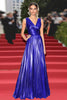 Load image into Gallery viewer, Gold V-Neck Metallic Pleated A Line Long Formal Dress