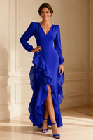 Load image into Gallery viewer, Purple V Neck Asymmetrical Ruffled Mother of the Bride Dress with Slit
