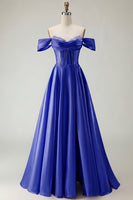 Load image into Gallery viewer, Sparkly Purple A Line Beaded Satin Long Corset Prom Dress with Slit