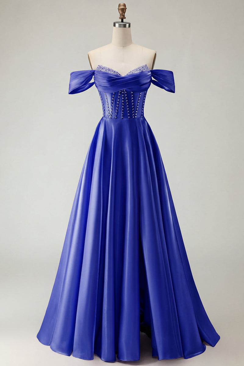 Load image into Gallery viewer, Sparkly Purple A Line Beaded Satin Long Corset Prom Dress with Slit