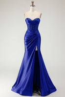 Load image into Gallery viewer, Burgundy Mermaid Satin Long Corset Prom Dress with Slit