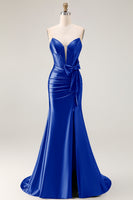 Load image into Gallery viewer, Navy Mermaid Strapless Corset Maxi Prom Dress with Slit