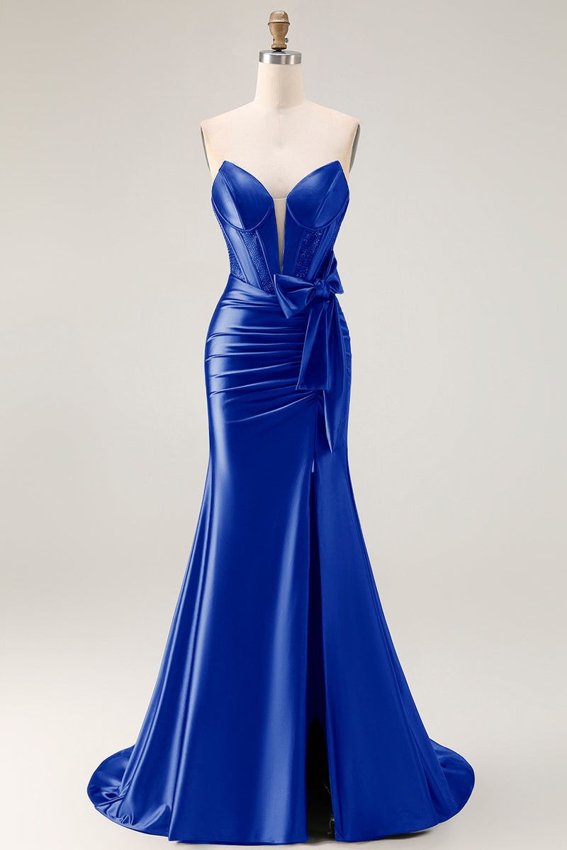 Load image into Gallery viewer, Navy Mermaid Strapless Corset Maxi Prom Dress with Slit