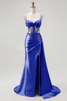 Load image into Gallery viewer, Sparkly Champagne Mermaid Satin Spaghetti Straps Long Prom Dress with Beading