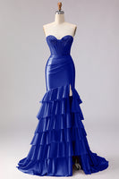 Load image into Gallery viewer, Red Satin Ruffled Mermaid Long Corset Prom Dress with Slit