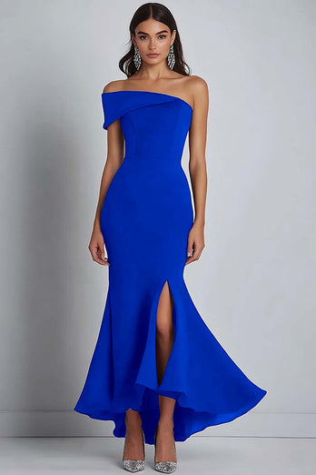 Navy Satin Off the Shoulder Sheath Long Formal Dress with Slit