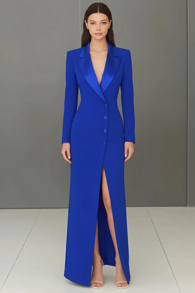 Load image into Gallery viewer, Navy Peak Lapel Velvet Single Breasted Long Blazer Dress with Slit