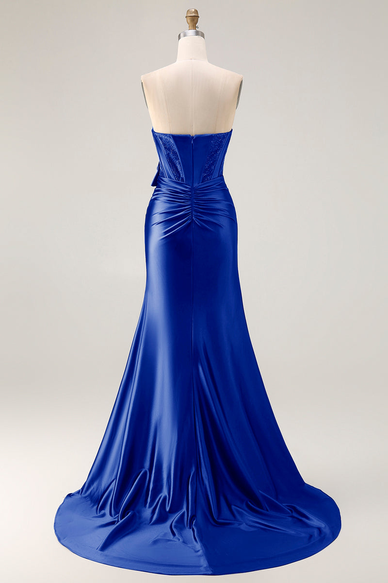 Load image into Gallery viewer, Navy Mermaid Strapless Corset Maxi Prom Dress with Slit