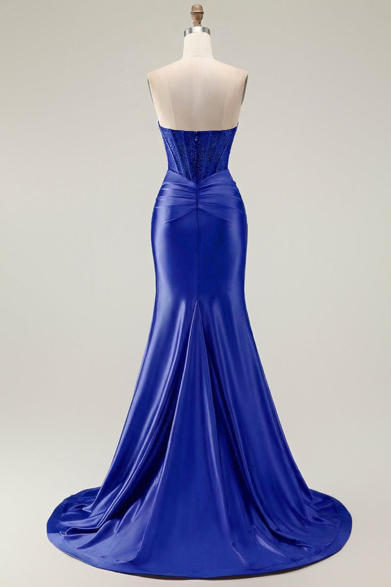 Load image into Gallery viewer, Burgundy Mermaid Satin Long Corset Prom Dress with Slit