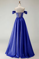 Load image into Gallery viewer, Sparkly Purple A Line Beaded Satin Long Corset Prom Dress with Slit