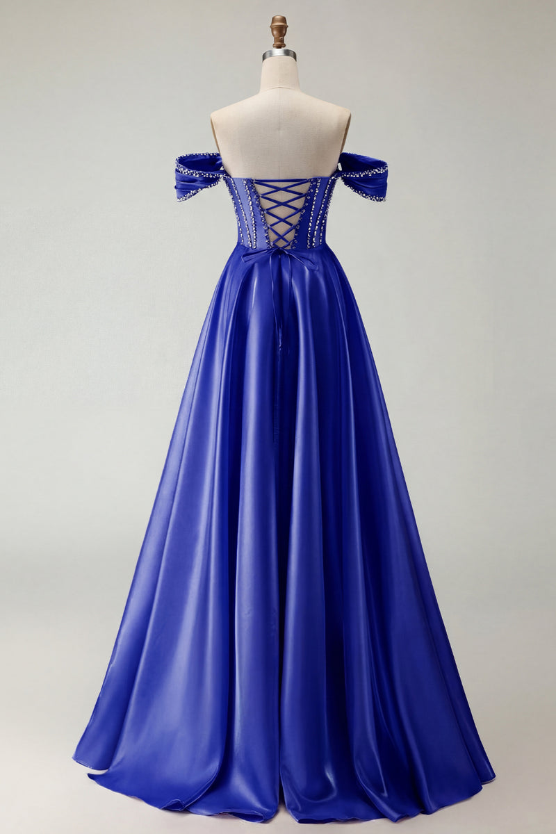 Load image into Gallery viewer, Sparkly Purple A Line Beaded Satin Long Corset Prom Dress with Slit
