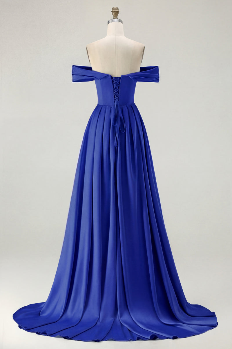 Load image into Gallery viewer, Blue A Line Off the Shoulder Satin Long Prom Dress with Slit