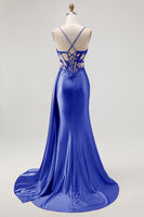 Load image into Gallery viewer, Sparkly Champagne Mermaid Satin Spaghetti Straps Long Prom Dress with Beading