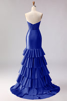 Load image into Gallery viewer, Red Satin Ruffled Mermaid Long Corset Prom Dress with Slit