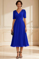 Load image into Gallery viewer, V-Neck Navy A-Line Midi Mother of the Bride Dress