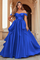 Load image into Gallery viewer, Dark Green Off the Shoulder Satin Long Prom Dress with Ruffles