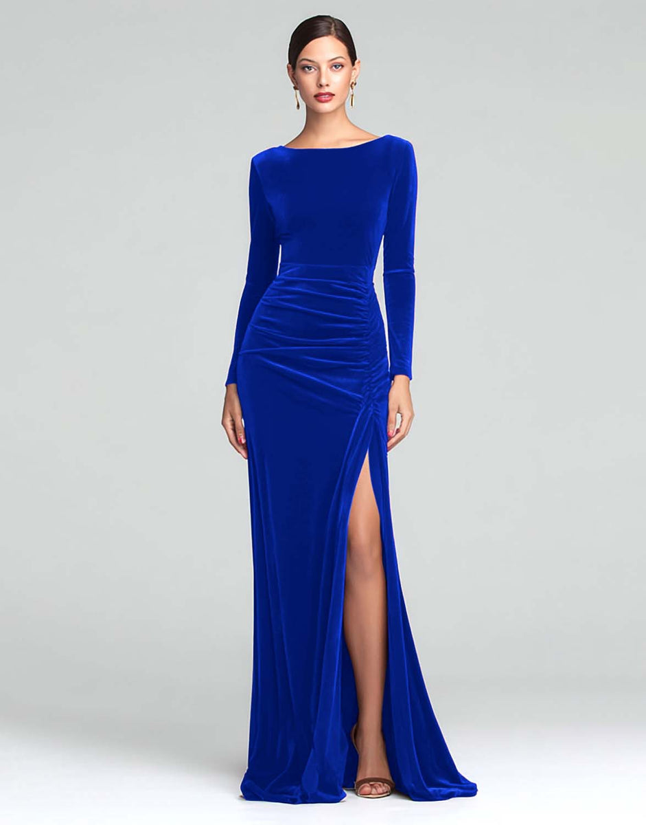Load image into Gallery viewer, Burgundy Boat Neck Ruched Velvet Long Sleeves Holiday Party Dress