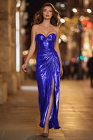 Load image into Gallery viewer, Sparkly Gold Metallic Sweetheart Ruched Long Formal Dress with Slit