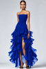 Load image into Gallery viewer, Burgundy Simple Strapless Organza Tiered Maxi Black Tie Dress with Slit
