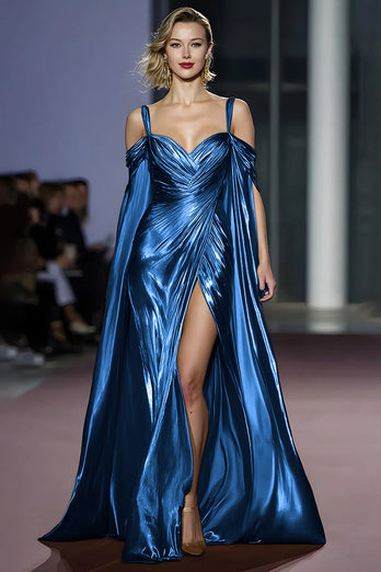 Metallic Golden Cold Shoulder Maxi Gala Dress with Slit