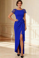 Load image into Gallery viewer, Sheath Navy Boat Neck Long Mother of the Bride Dress with Lace
