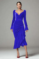 Load image into Gallery viewer, Burgundy Mermaid Ruched Velvet Holiday Party Dress with Ruffles