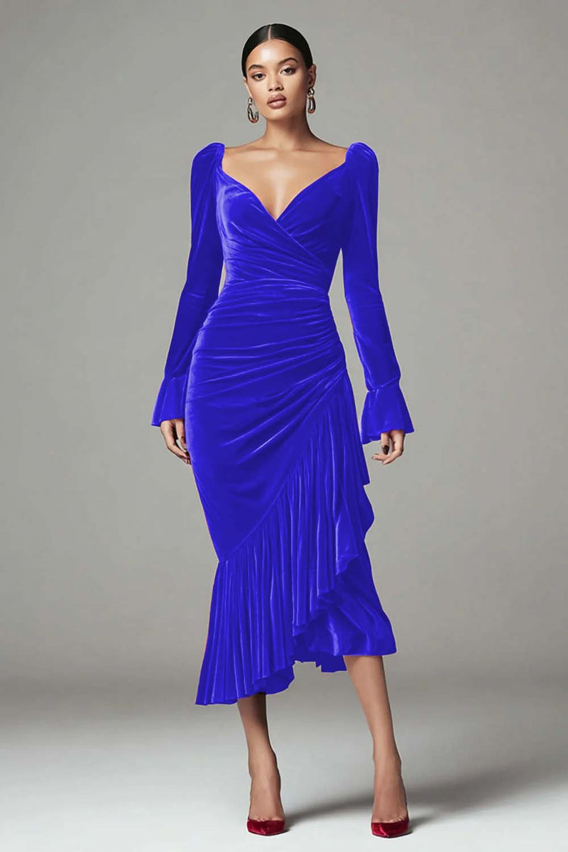 Load image into Gallery viewer, Burgundy Mermaid Ruched Velvet Holiday Party Dress with Ruffles