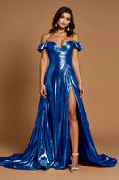 Load image into Gallery viewer, Golden A Line Metallic Ruffled Maxi Prom Dress with Slit