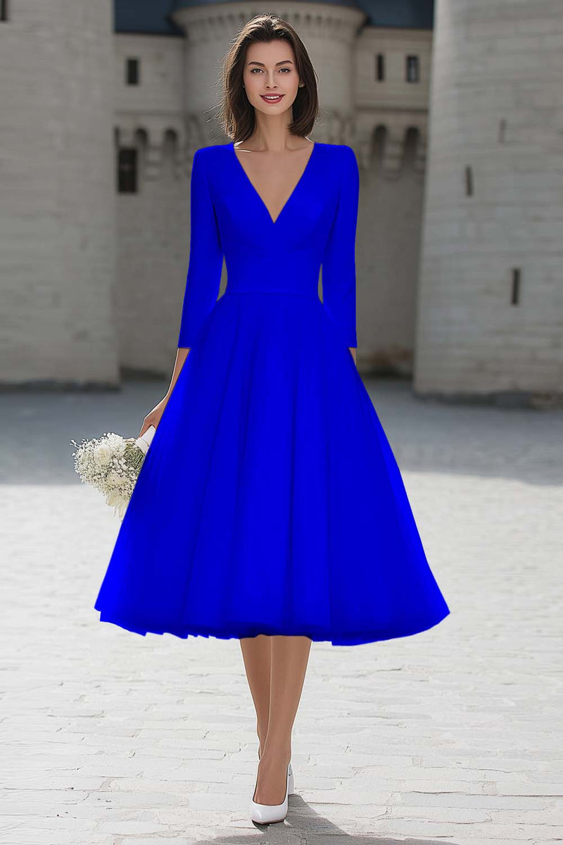 Load image into Gallery viewer, Ivory A Line V-Neck Midi Wedding Dress with Sleeves