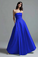 Load image into Gallery viewer, Sky Blue Satin Ruched Strapless A Line Long Formal Dress