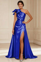 Load image into Gallery viewer, One Shoulder Silver A Line Long Mother of the Bride Dress with Bow