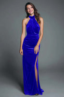 Load image into Gallery viewer, Burgundy Mermaid Halter Velvet Ruched Long Holiday Party Dress with Slit