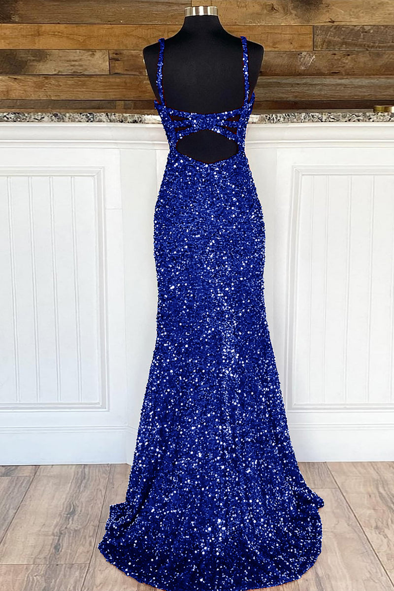 Load image into Gallery viewer, Sheath Spaghetti Straps Sky Blue Sequins Prom Dress with Split Front
