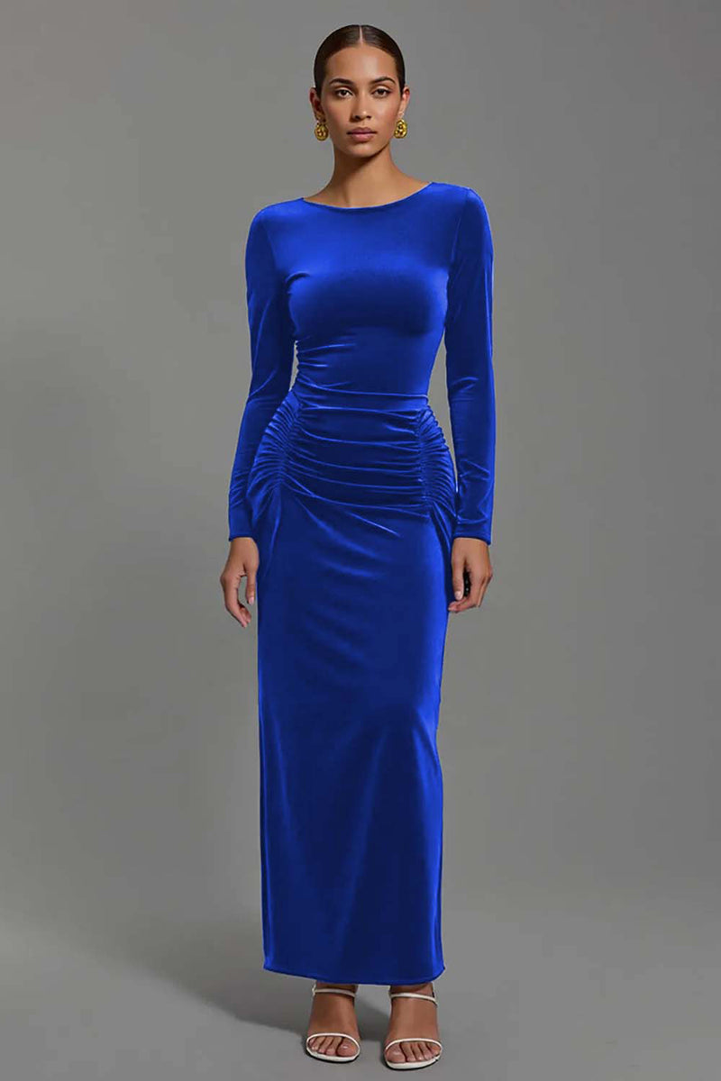 Load image into Gallery viewer, Navy Velvet Sheath Boat Neck Long Holiday Party Dress with Sleeves