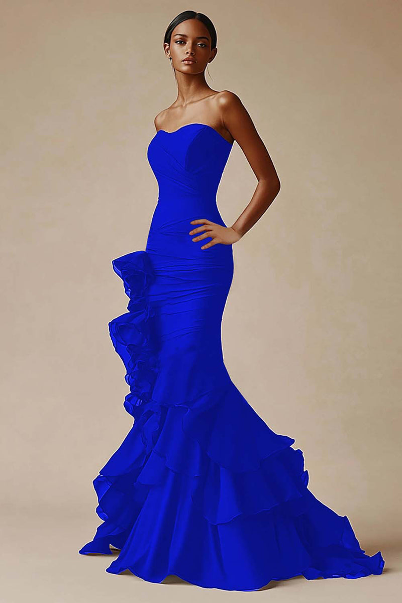 Load image into Gallery viewer, Sweetheart Mermaid Tiered Long Black Tie Dress