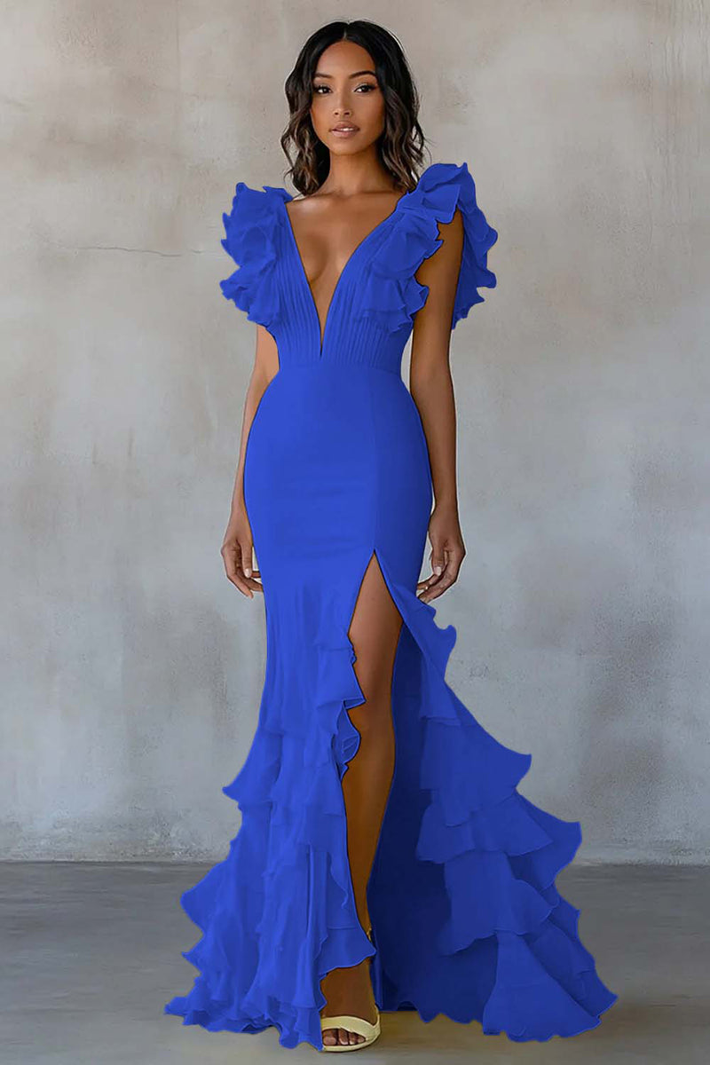 Load image into Gallery viewer, Dusty Blue Mermaid Ruffled Chiffon Long Formal Dress with Slit