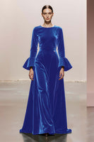 Load image into Gallery viewer, Dark Green Round Neck A Line Velvet Long Formal Dress with Sleeves