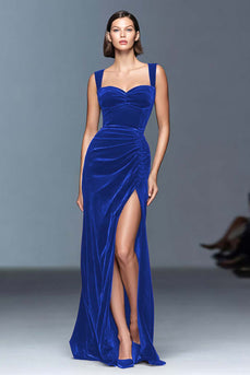 Red Velvet Ruched Long Holiday Party Dress with Slit