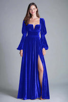 Load image into Gallery viewer, Burgundy A-Line Puff Sleeves Velvet Long Holiday Party Dress with Slit