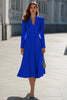 Load image into Gallery viewer, Sky Blue Satin Shawl Lapel A Line Midi Blazer Dress with Sleeves