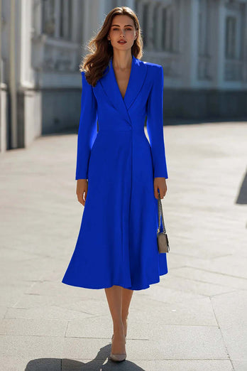 Sky Blue Satin Shawl Lapel A Line Midi Blazer Dress with Sleeves