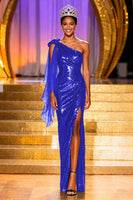 Load image into Gallery viewer, Sparkly Dark Green One Shoulder Long Sequin Pageant Dress with Slit