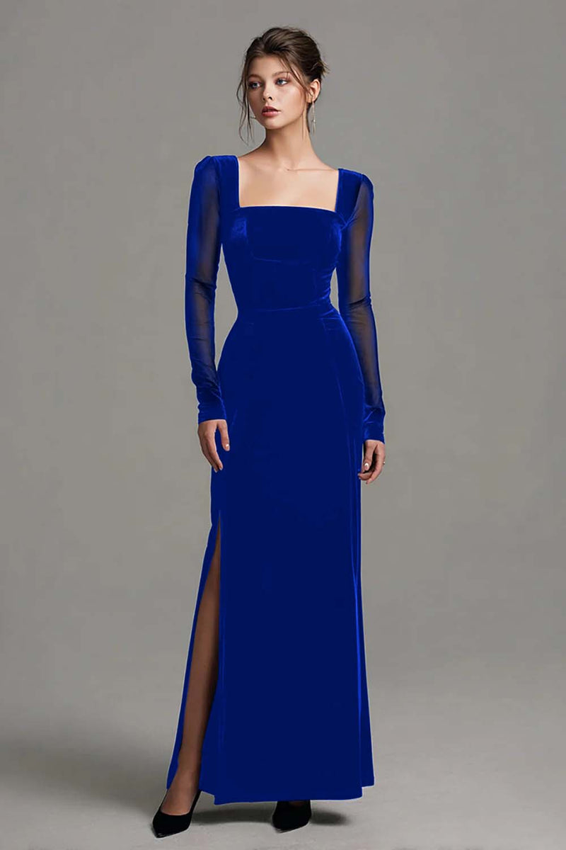 Load image into Gallery viewer, Black Velvet Sheath Long Sleeves Holiday Party Dress with Slit