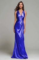 Load image into Gallery viewer, Sparkly Gold Metallic Ruched Mermaid V-Neck Long Formal Dress
